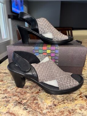 Bernie Mev Woven Slingback Heeled Sandals in Silver and Black